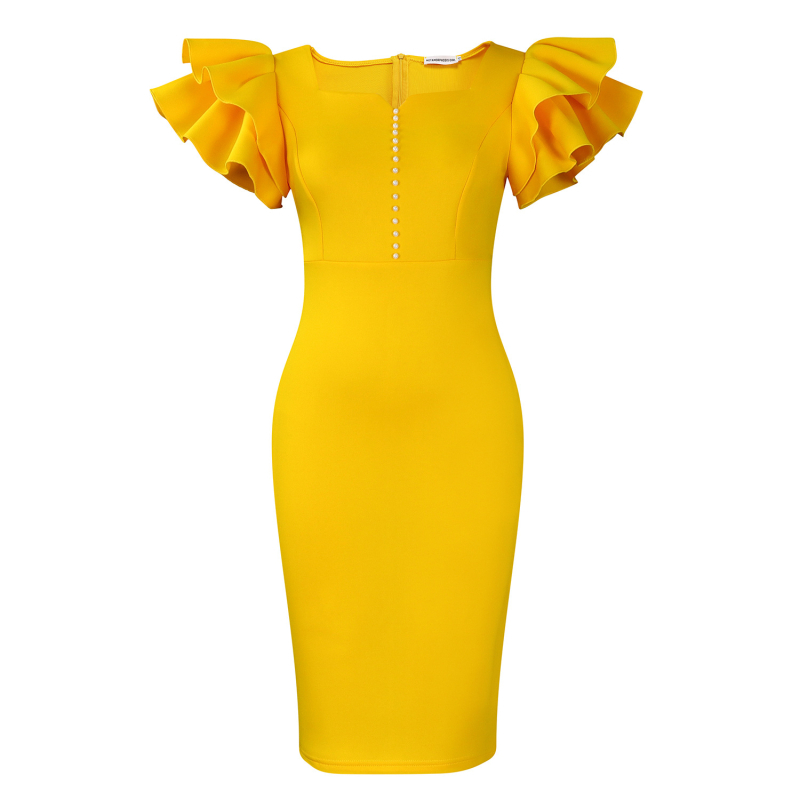 D575 Φόρεμα με χάντρες, μανίκια σε σχήμα λωτού, V-λαιμό, ψηλή μέση, μήκος midi