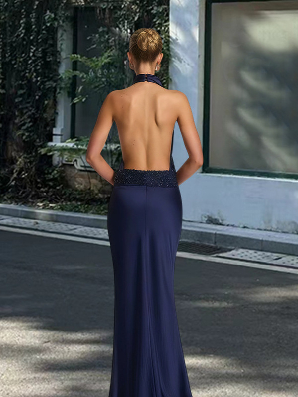 Haljina s patchwork stilom, halter vrat, bez rukava, duga suknja, visok struk
