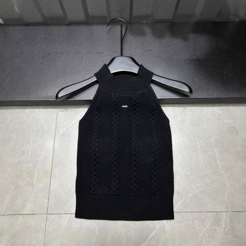 Ženski bez rukava pleteni top s off-shoulder i halter izrezom, uski kroj, 95% akril, uzorak lubanje