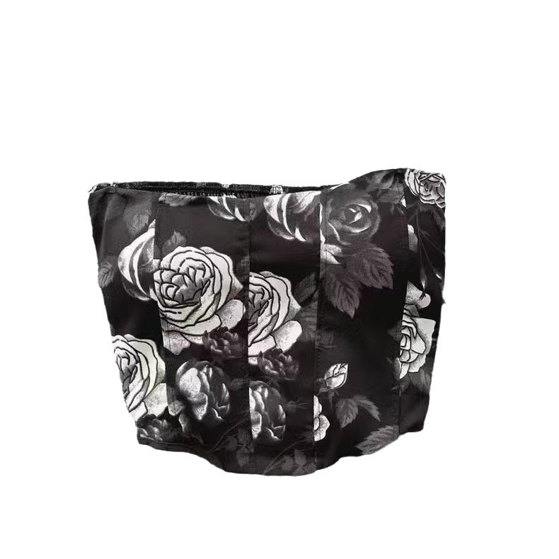 Tubo viršus su retro spauda, nailono audinys, 70–80% nailono sudėtis, krūties pagalvėlė su vidine juosta, nematoma nugaros dalis, patogus derinys