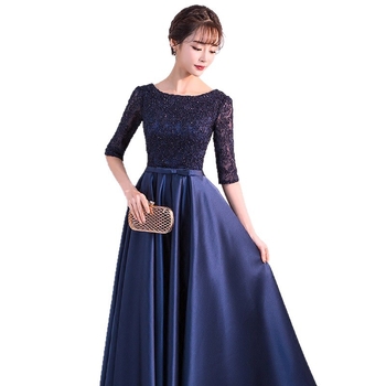 Poliészter hosszú estélyi ruha U-nyakkal, középső derékvonal, 3/4-es ujjak, partikhoz