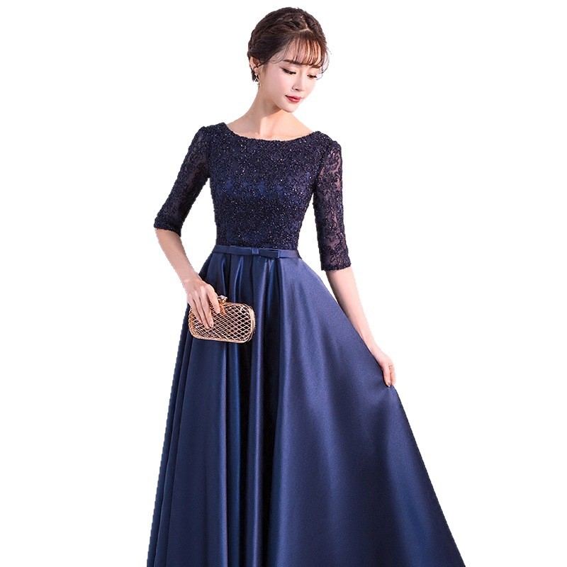 Poliészter hosszú estélyi ruha U-nyakkal, középső derékvonal, 3/4-es ujjak, partikhoz