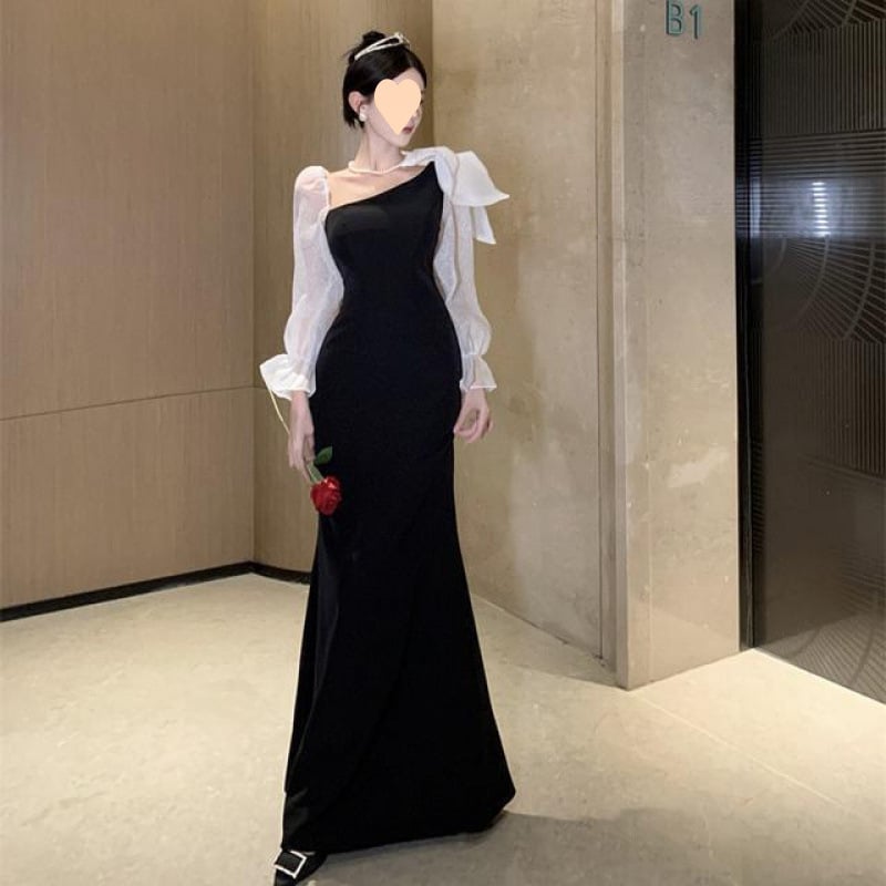 Egyvállas estélyi ruha, hosszú ujjú, karcsúsított szabás, hosszú szoknyával - velúr-poliészter keverék anyag, poliészter 95%+