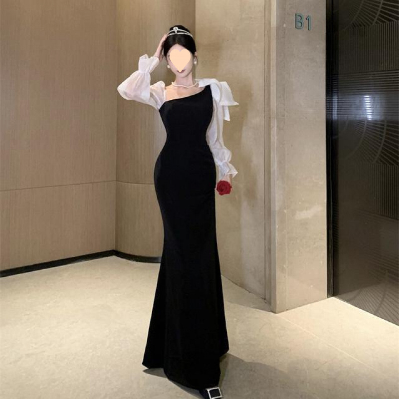 Egyvállas estélyi ruha, hosszú ujjú, karcsúsított szabás, hosszú szoknyával - velúr-poliészter keverék anyag, poliészter 95%+