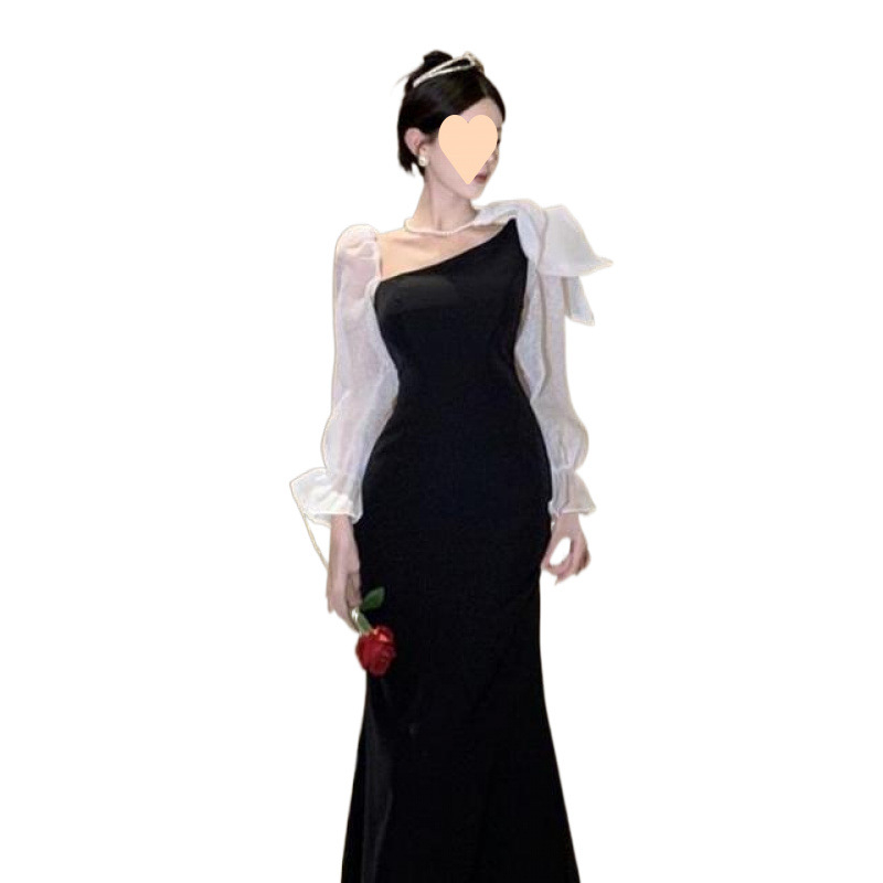 Egyvállas estélyi ruha, hosszú ujjú, karcsúsított szabás, hosszú szoknyával - velúr-poliészter keverék anyag, poliészter 95%+