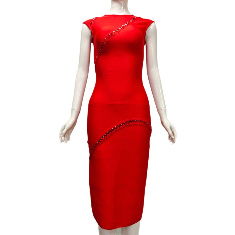 Bandage ruha gyémánt díszítéssel, ujjatlan, kerek nyakú, középméretű, poliészter-viskóz anyag