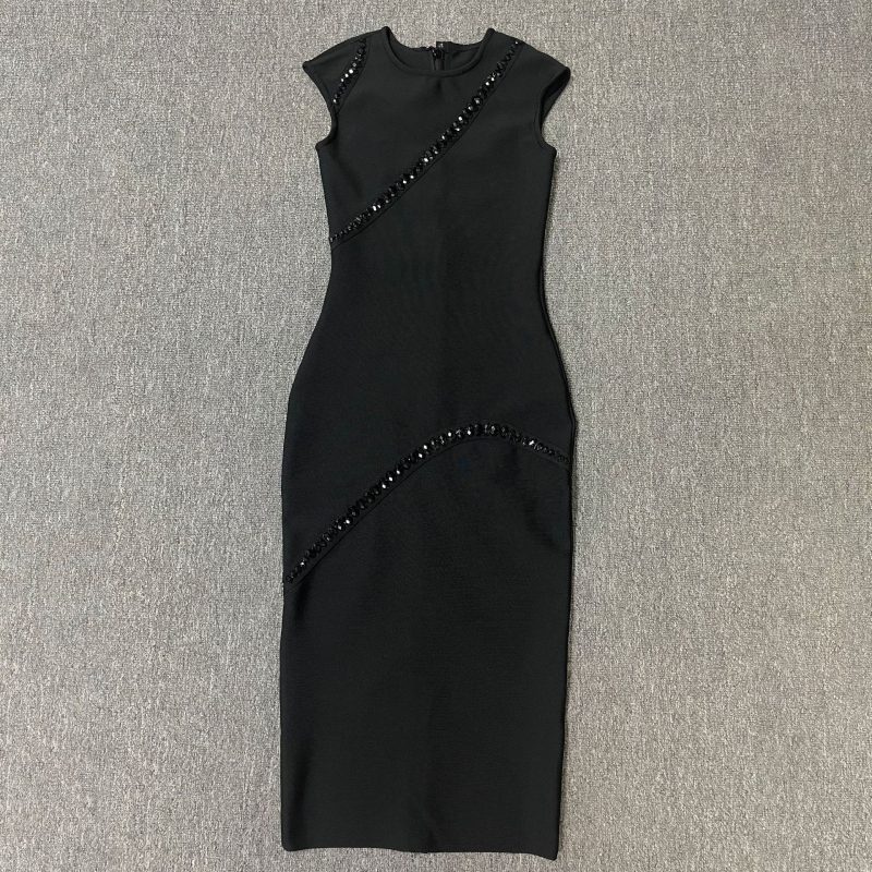 Bandage ruha gyémánt díszítéssel, ujjatlan, kerek nyakú, középméretű, poliészter-viskóz anyag