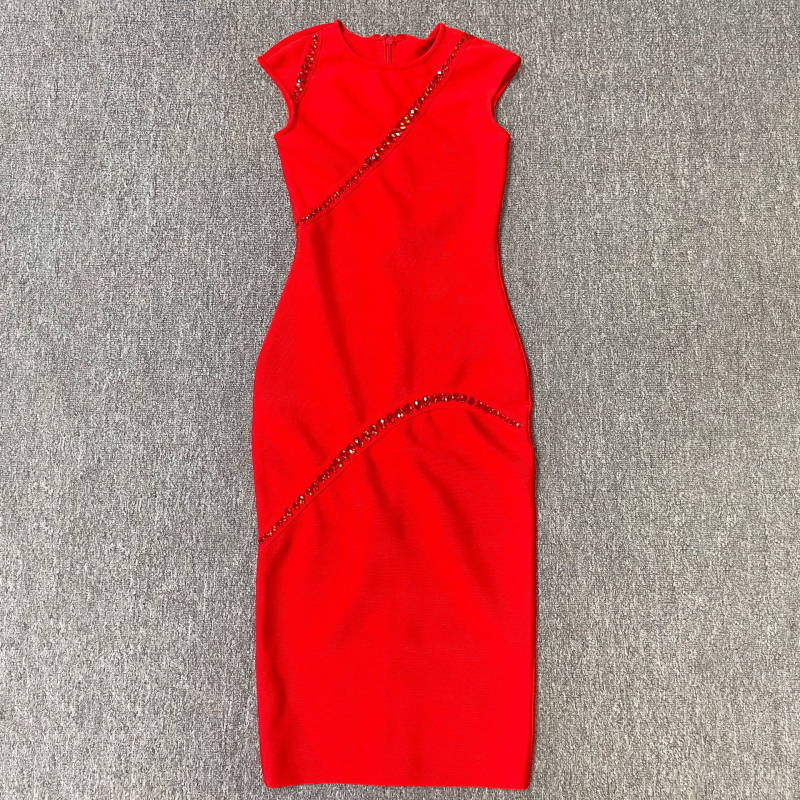 Bandage ruha gyémánt díszítéssel, ujjatlan, kerek nyakú, középméretű, poliészter-viskóz anyag