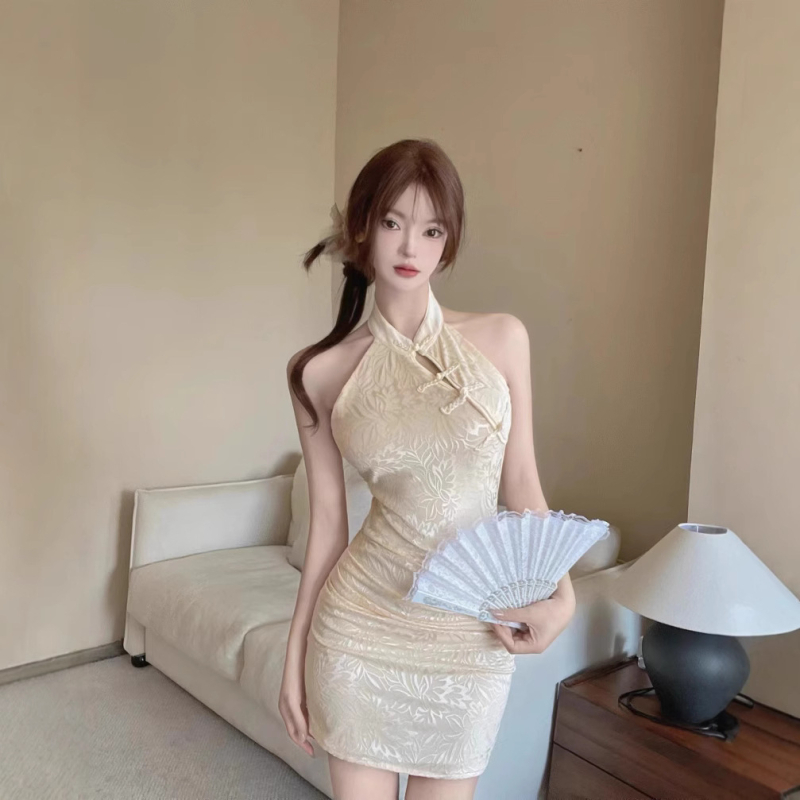 Δαντελένιο φόρεμα με halter, sexy στυλ, V-λαιμό, χωρίς μανίκια, υψηλή μέση