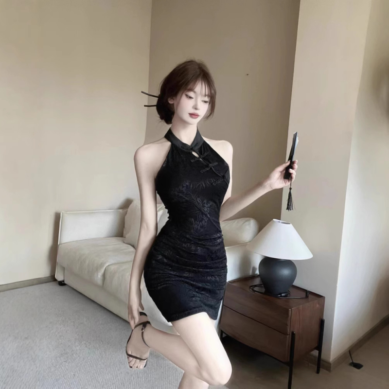 Δαντελένιο φόρεμα με halter, sexy στυλ, V-λαιμό, χωρίς μανίκια, υψηλή μέση