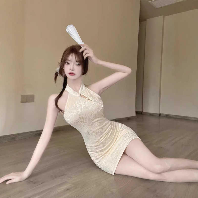 Δαντελένιο φόρεμα με halter, sexy στυλ, V-λαιμό, χωρίς μανίκια, υψηλή μέση