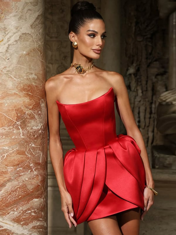 Στράπλες φόρεμα με σωληνοειδές τοπ, Α‑γραμμής mini φόρεμα, πολυεστέρας, χωρίς μανίκια, pull-over σχεδίαση, μέση μεσαίου ύψους