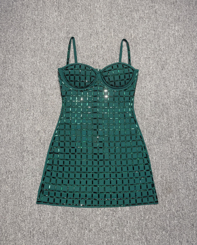 Φόρεμα από δίχτυ με τιράντες, χωρίς μανίκια, σε sexy στυλ – ψηλή μέση, κοντή φούστα pencil, διακόσμηση με καυτές πέτρες