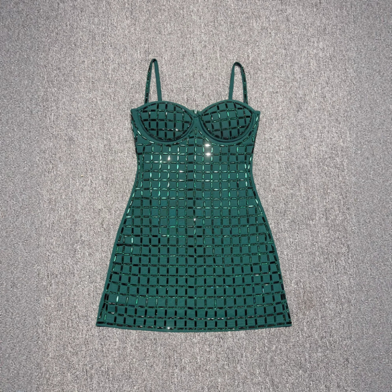 Φόρεμα από δίχτυ με τιράντες, χωρίς μανίκια, σε sexy στυλ – ψηλή μέση, κοντή φούστα pencil, διακόσμηση με καυτές πέτρες