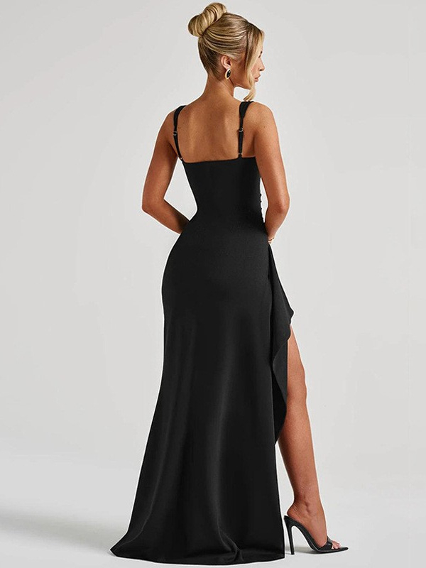 Βραδινό φόρεμα με τιράντες καμιζόλε, μακριά φούστα, τετράγωνο ντεκολτέ, υψηλή μέση, μονόχρωμο, πολυεστέρας/ελαστάν 95%+