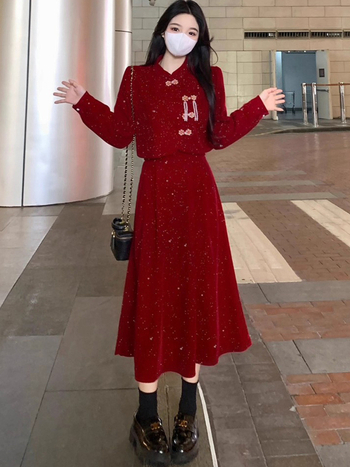 Haljina Qipao - A-linija, stojeći ovratnik, dugi rukavi, zatvarač, poliester