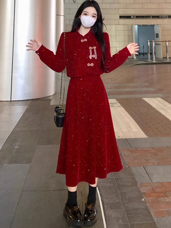 Haljina Qipao - A-linija, stojeći ovratnik, dugi rukavi, zatvarač, poliester