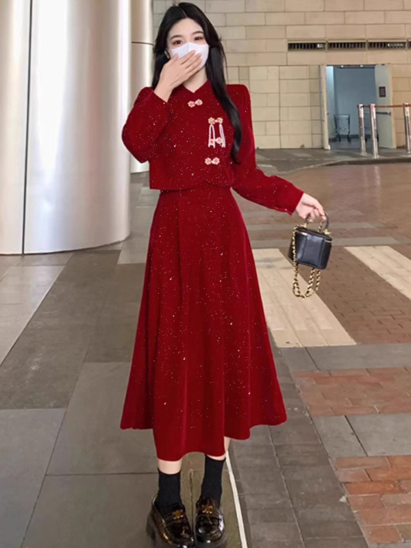 Haljina Qipao - A-linija, stojeći ovratnik, dugi rukavi, zatvarač, poliester