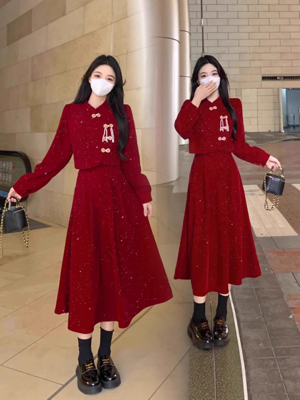Haljina Qipao - A-linija, stojeći ovratnik, dugi rukavi, zatvarač, poliester