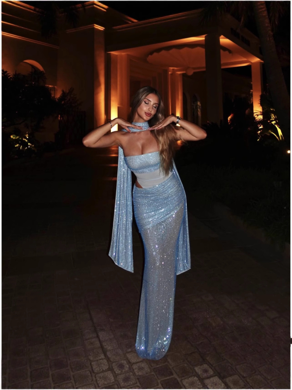 Βραδινό φόρεμα από bandage ύφασμα με στράς, χωρίς τιράντες, δύο μέρη, μακρύ