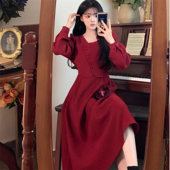 Φόρεμα με σιλουέτα Α-γραμμής, V-λαιμό, ψηλή μέση, μακριά μανίκια