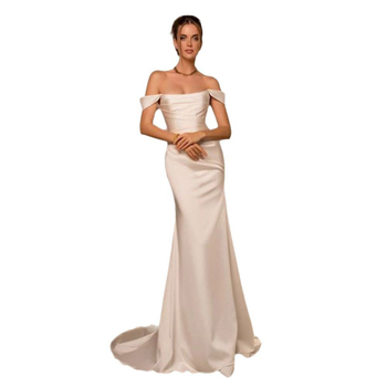 Νυφικό φόρεμα με έναν ώμο, σιλουέτα φιστέιλ, υψηλή μέση, μανίκια 3/4, μακριά φούστα, πολυεστερικός ιστός