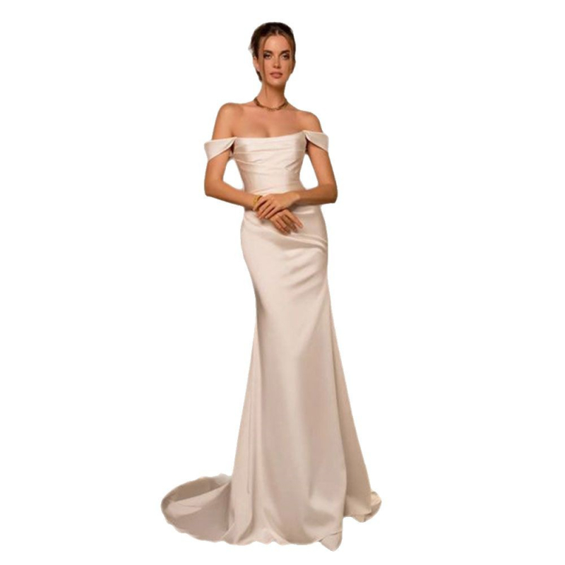 Νυφικό φόρεμα με έναν ώμο, σιλουέτα φιστέιλ, υψηλή μέση, μανίκια 3/4, μακριά φούστα, πολυεστερικός ιστός