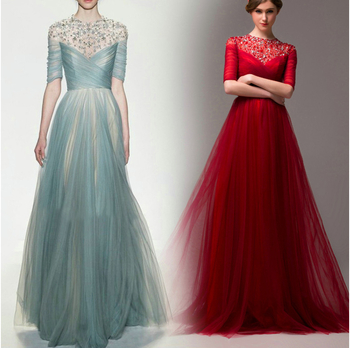 Βραδινό φόρεμα, Α-γραμμή σιλουέτα, στρογγυλός λαιμός, κοντά μανίκια, μακριά φούστα, στενή μέση