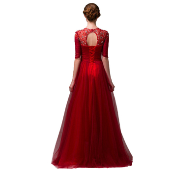 Βραδινό φόρεμα, Α-γραμμή σιλουέτα, στρογγυλός λαιμός, κοντά μανίκια, μακριά φούστα, στενή μέση