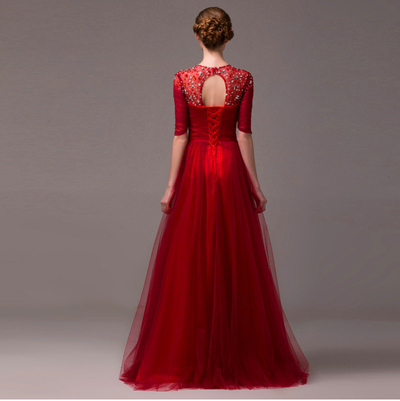 Βραδινό φόρεμα, Α-γραμμή σιλουέτα, στρογγυλός λαιμός, κοντά μανίκια, μακριά φούστα, στενή μέση