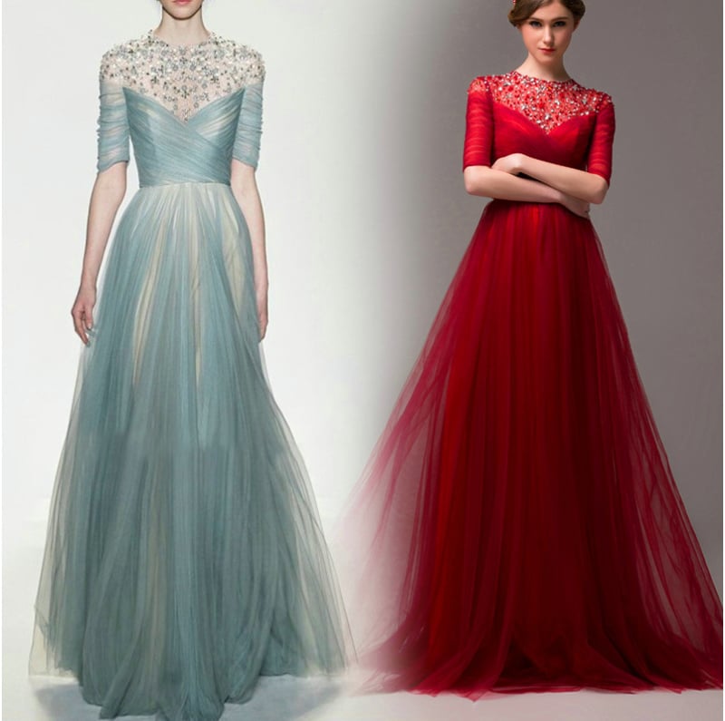 Βραδινό φόρεμα, Α-γραμμή σιλουέτα, στρογγυλός λαιμός, κοντά μανίκια, μακριά φούστα, στενή μέση