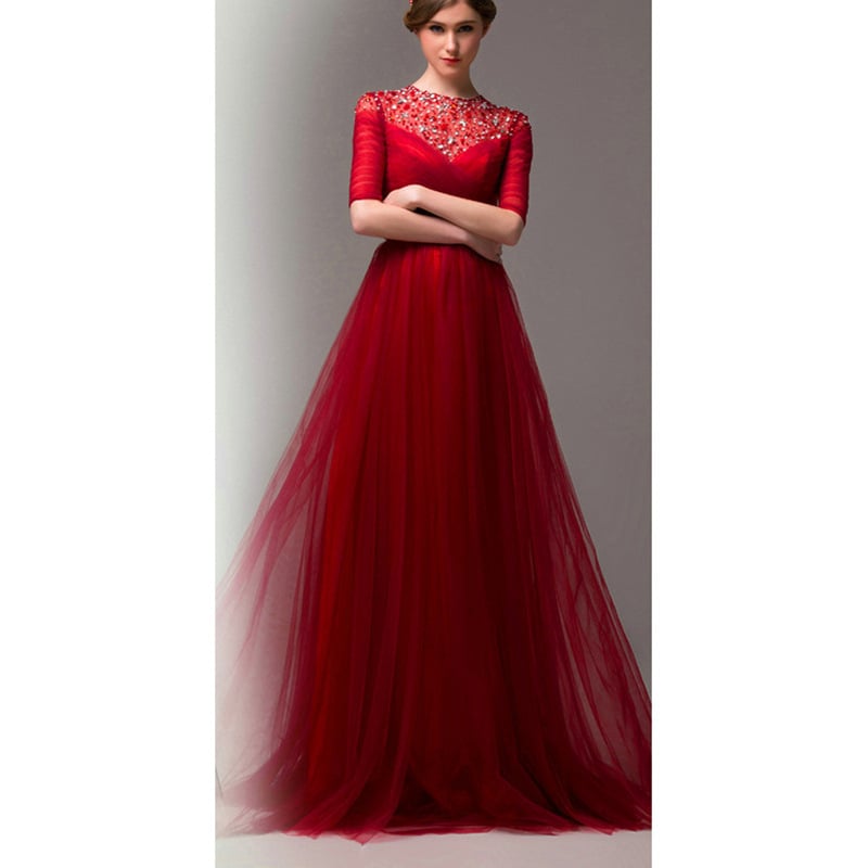 Βραδινό φόρεμα, Α-γραμμή σιλουέτα, στρογγυλός λαιμός, κοντά μανίκια, μακριά φούστα, στενή μέση