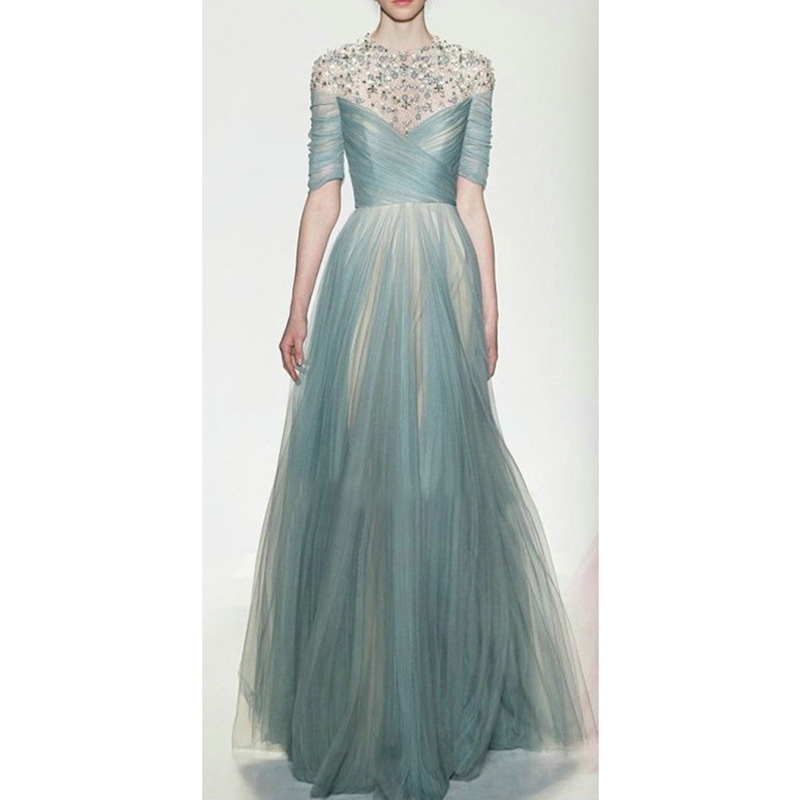 Βραδινό φόρεμα, Α-γραμμή σιλουέτα, στρογγυλός λαιμός, κοντά μανίκια, μακριά φούστα, στενή μέση