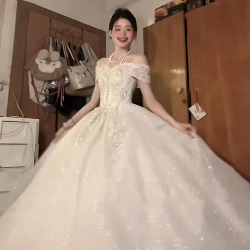 Сватбена рокля с една презрамка, А-линейна силуета, Chenille плат със спандекс, висока талия