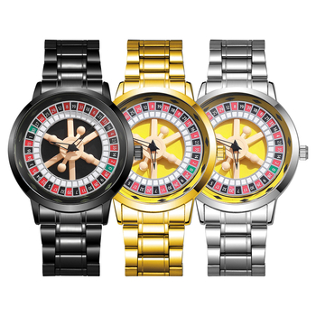 Мъжки кварцов часовник с въртящ се циферблат в стил рулетка, PU каишка, пластмасов корпус и катарама от неръждаема стомана.