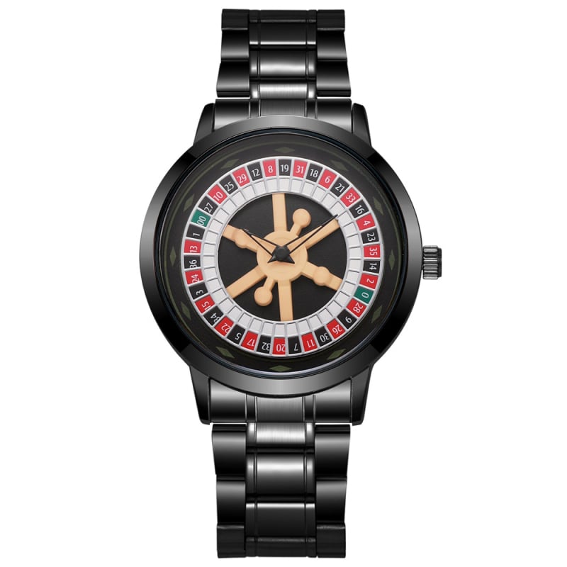 Мъжки кварцов часовник с въртящ се циферблат в стил рулетка, PU каишка, пластмасов корпус и катарама от неръждаема стомана.