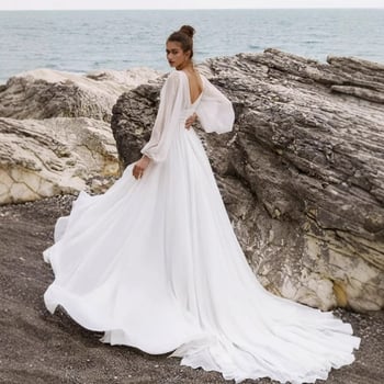 Vjenčana haljina s dubokim V izrezom, visokim strukom, dugim rukavima, malom šlepom, chiffon-spandex materijal