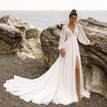Vjenčana haljina s dubokim V izrezom, visokim strukom, dugim rukavima, malom šlepom, chiffon-spandex materijal