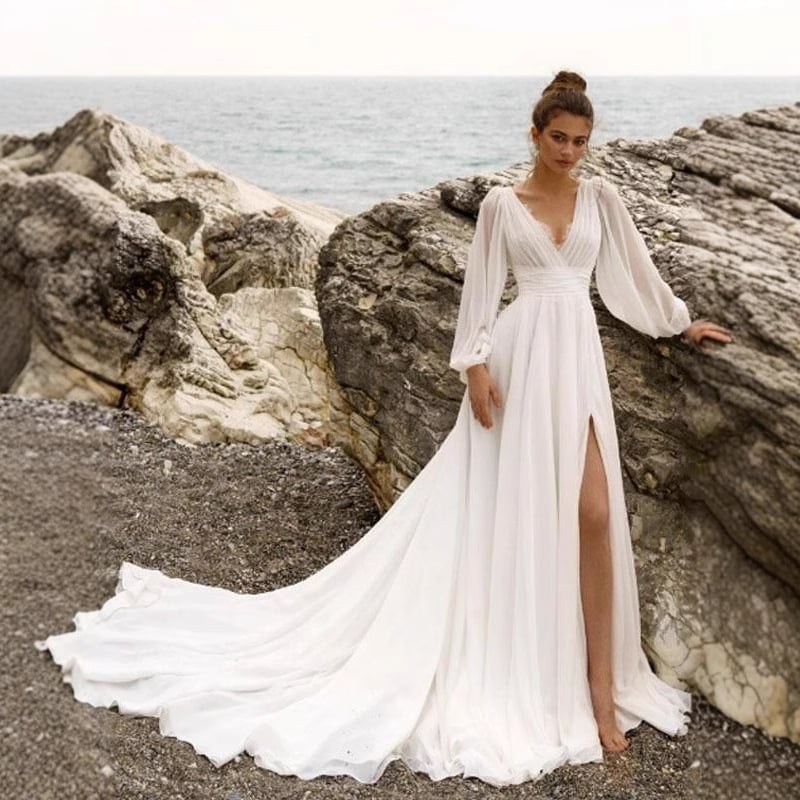 Vjenčana haljina s dubokim V izrezom, visokim strukom, dugim rukavima, malom šlepom, chiffon-spandex materijal