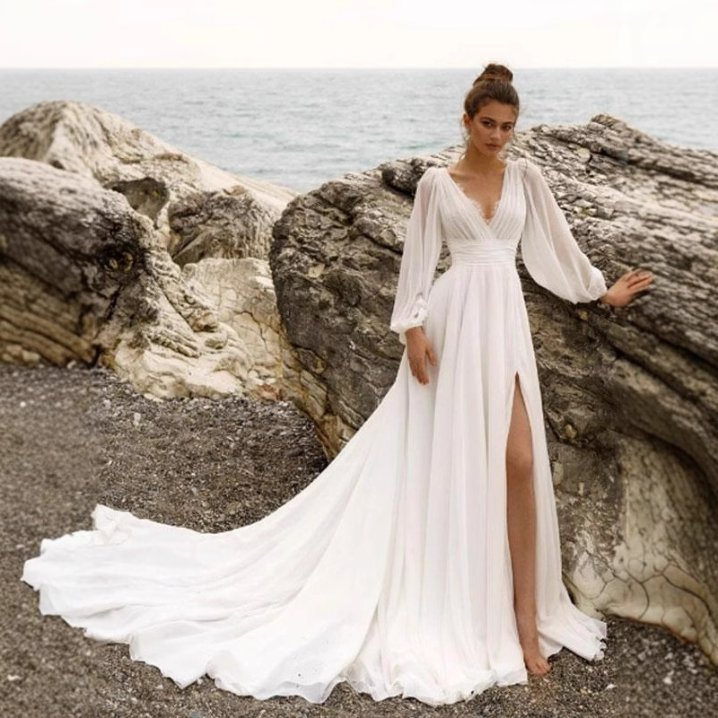 Vjenčana haljina s dubokim V izrezom, visokim strukom, dugim rukavima, malom šlepom, chiffon-spandex materijal
