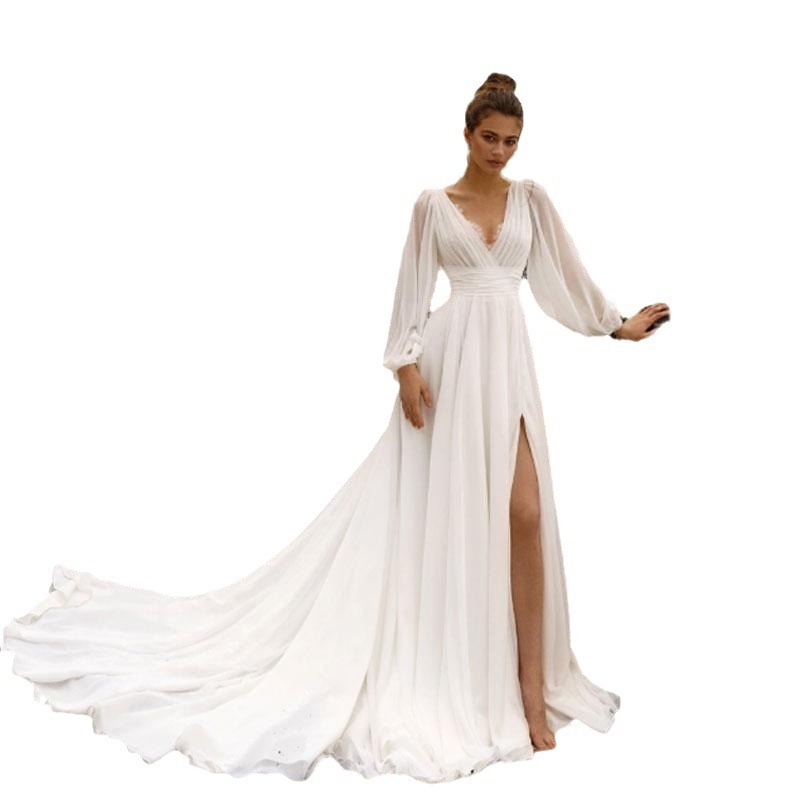 Vjenčana haljina s dubokim V izrezom, visokim strukom, dugim rukavima, malom šlepom, chiffon-spandex materijal
