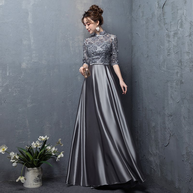 Елегантна официална рокля за балове със силует А-линия, дълга, висока талия, ръкав 3/4, полиестерова материя