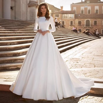 Primăvara 2025 Rochie de mireasă cu trenă, croială cu un umăr, mâneci 3/4, fustă lungă, țesătură plasă, poliester 30-50%