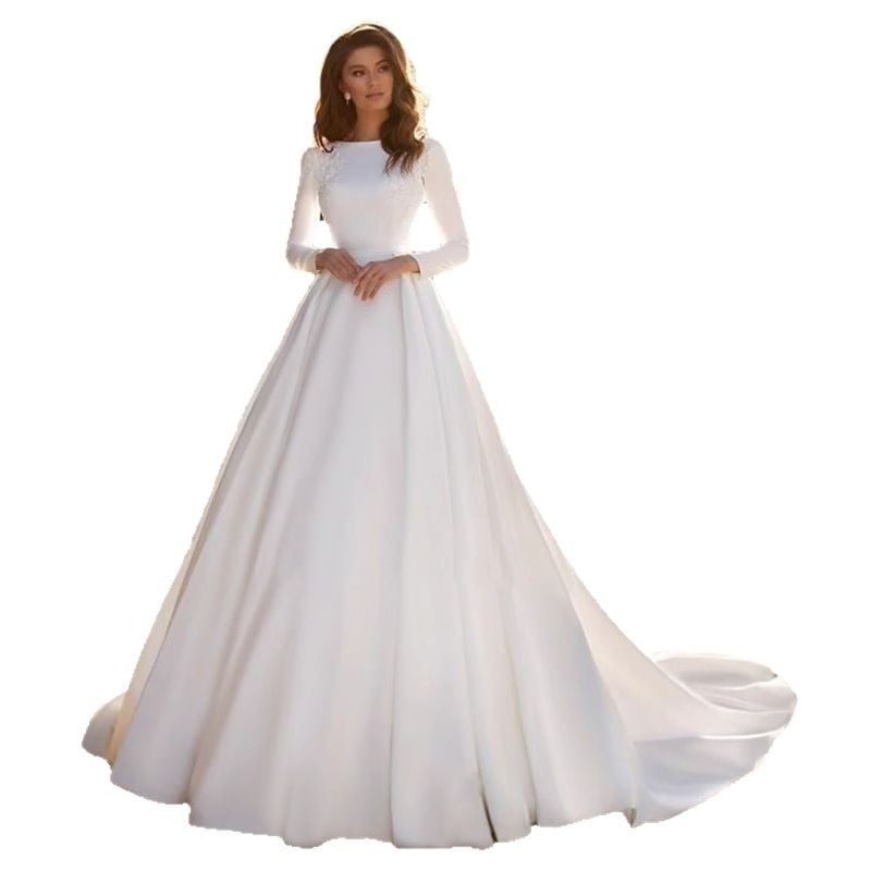 Primăvara 2025 Rochie de mireasă cu trenă, croială cu un umăr, mâneci 3/4, fustă lungă, țesătură plasă, poliester 30-50%