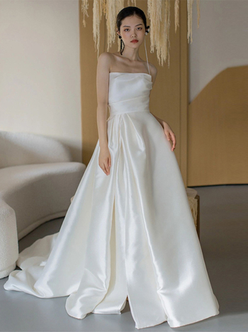 Rochie de mireasă fără bretele, stil francez, croială A-line, fără mâneci, lungă din satin, talie la mijloc, Poliester ≥95%