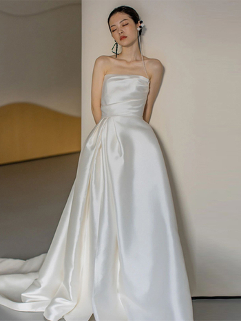 Rochie de mireasă fără bretele, stil francez, croială A-line, fără mâneci, lungă din satin, talie la mijloc, Poliester ≥95%