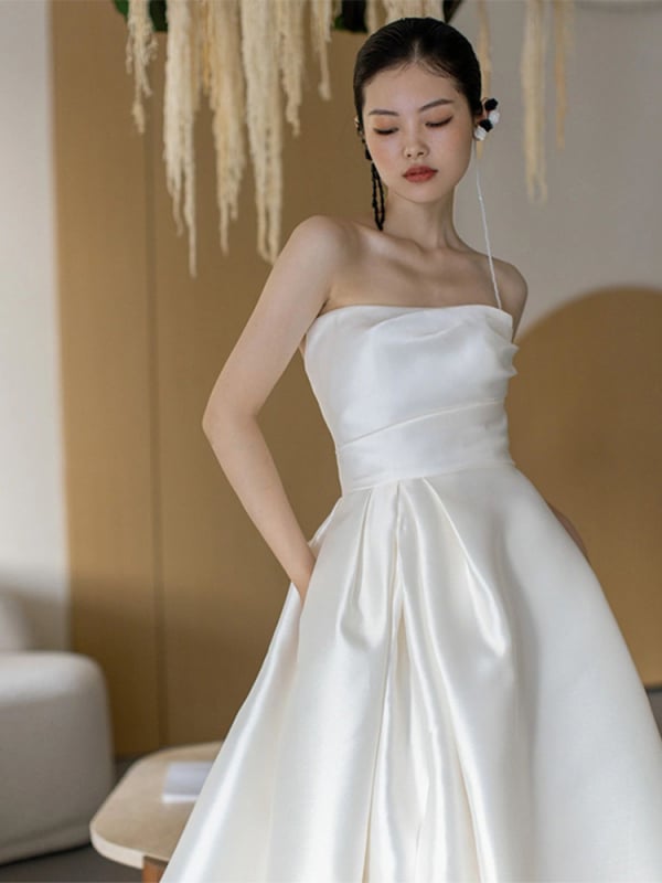 Rochie de mireasă fără bretele, stil francez, croială A-line, fără mâneci, lungă din satin, talie la mijloc, Poliester ≥95%