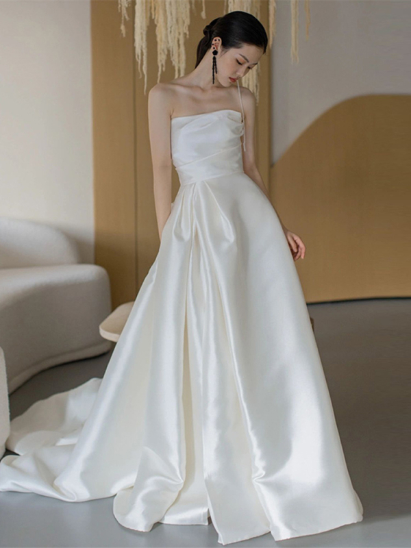 Rochie de mireasă fără bretele, stil francez, croială A-line, fără mâneci, lungă din satin, talie la mijloc, Poliester ≥95%