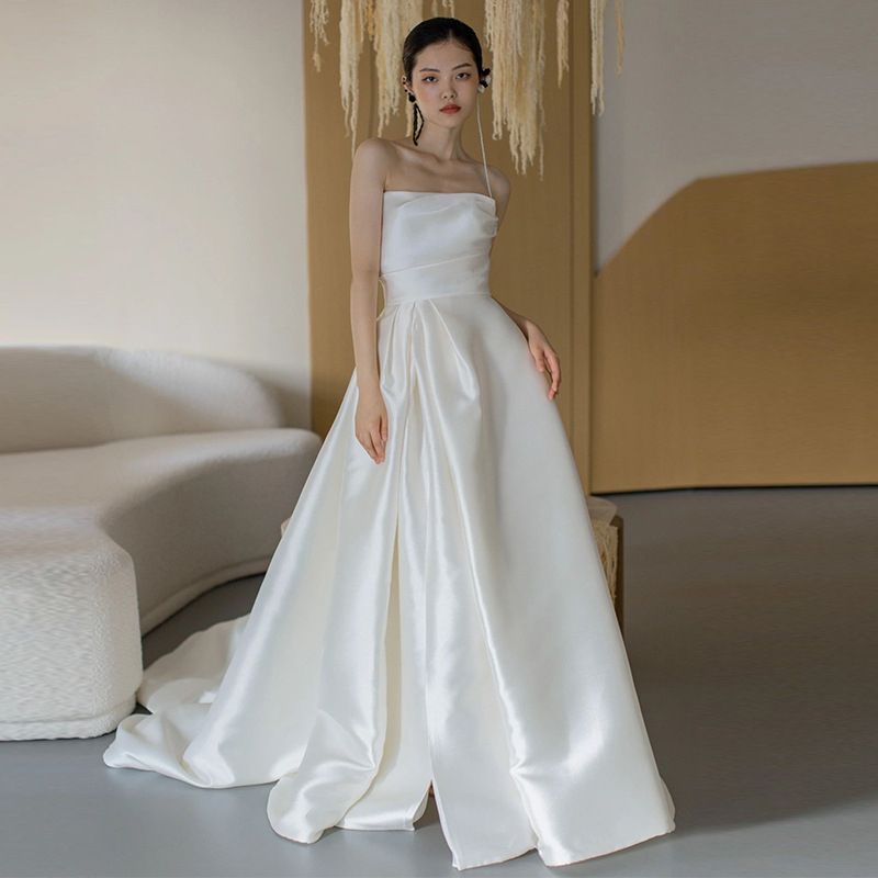 Rochie de mireasă fără bretele, stil francez, croială A-line, fără mâneci, lungă din satin, talie la mijloc, Poliester ≥95%