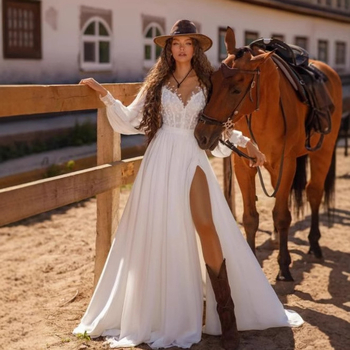 Francuska stil vjenčane haljine od poliestera, dugi rukavi, V-dekolte, suknja sirena s vlakom, srednji struk